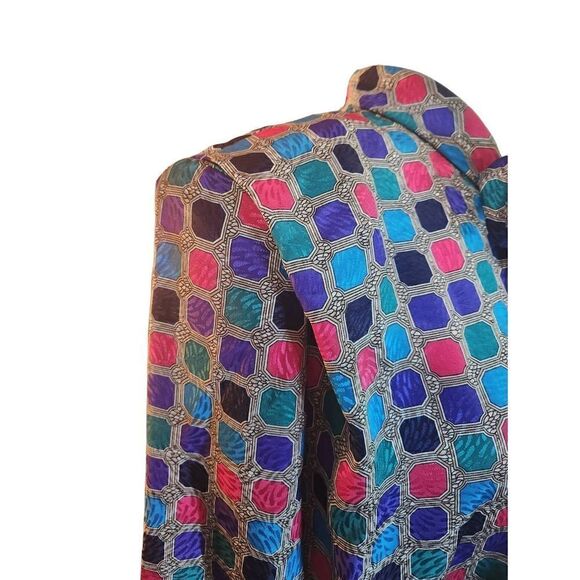 1980s Pussycat Bow Front Shift Dress Silky Satin Polyester Geometic Print Neon B - Picture 2 of 5